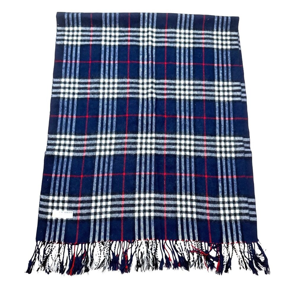 Royal Rossi Women's Wrap Scarf Cashmere Blue Tartan Plaid Fringe Vintage 90s